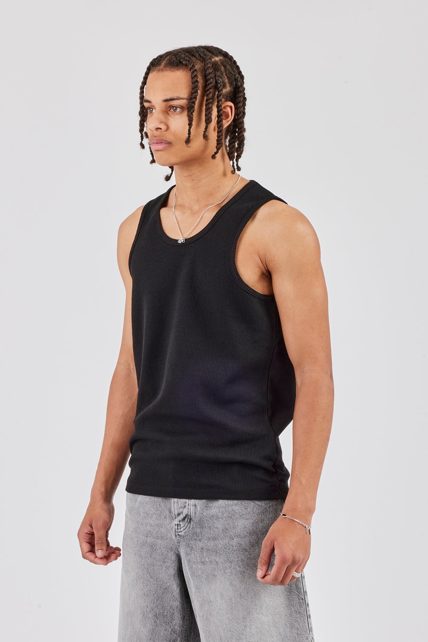 Waffle Vest Top - Black